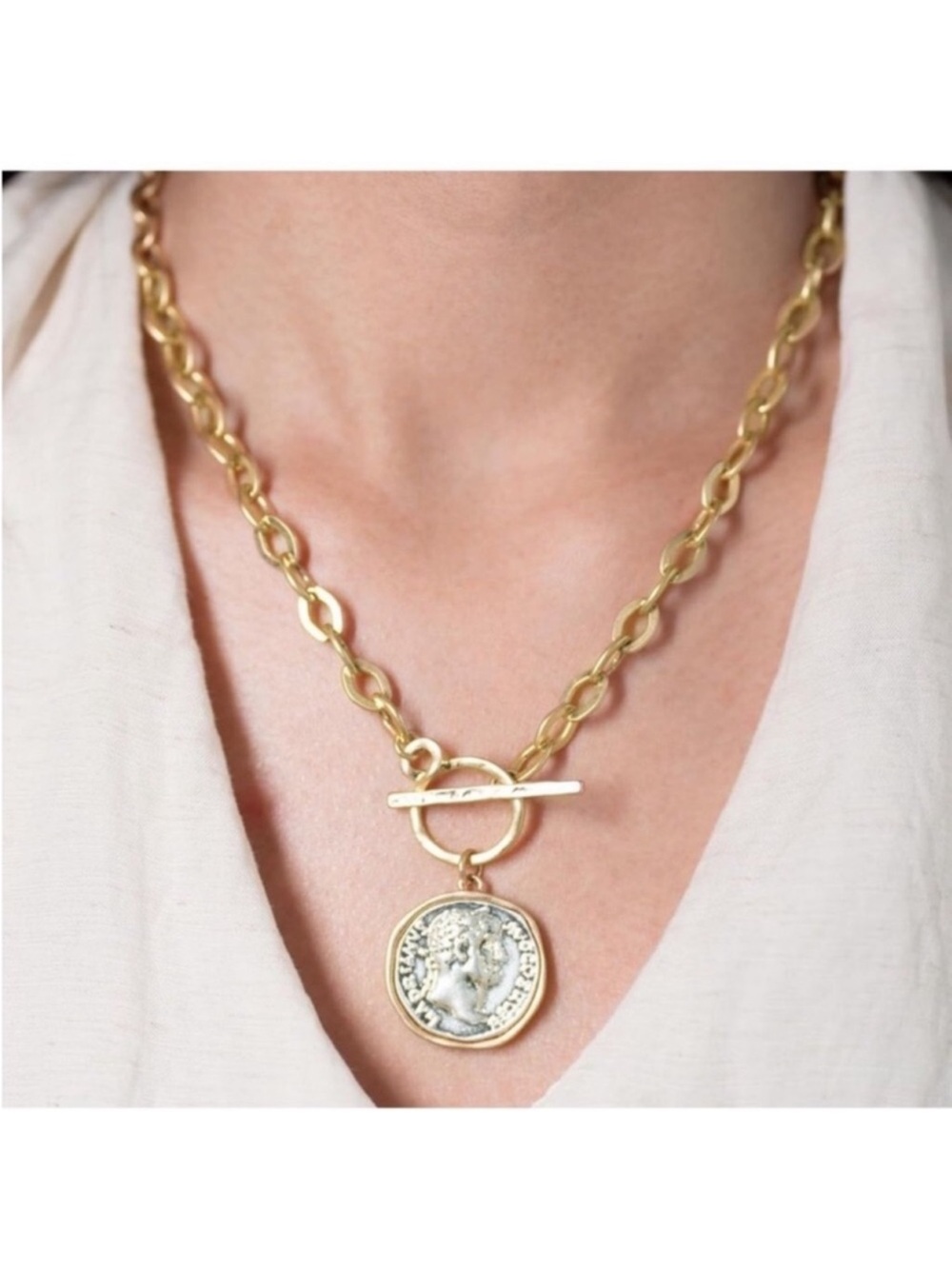 NEW 14k Gold Plated Vintage Matte Color Thick Link Chain Coin Pendant Necklace